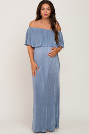Periwinkle Pleated Ruffle Off Shoulder Maternity Maxi Dress
