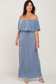 Periwinkle Pleated Ruffle Off Shoulder Maxi Dress