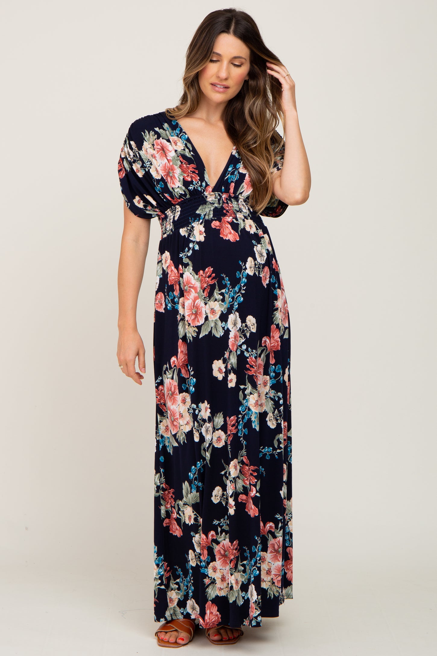 Navy Floral Deep V-Neck Maternity Maxi Dress– PinkBlush