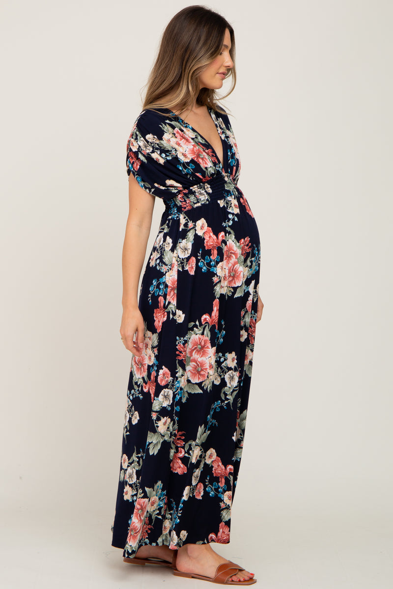 Navy Floral Deep V-Neck Maternity Maxi Dress– PinkBlush