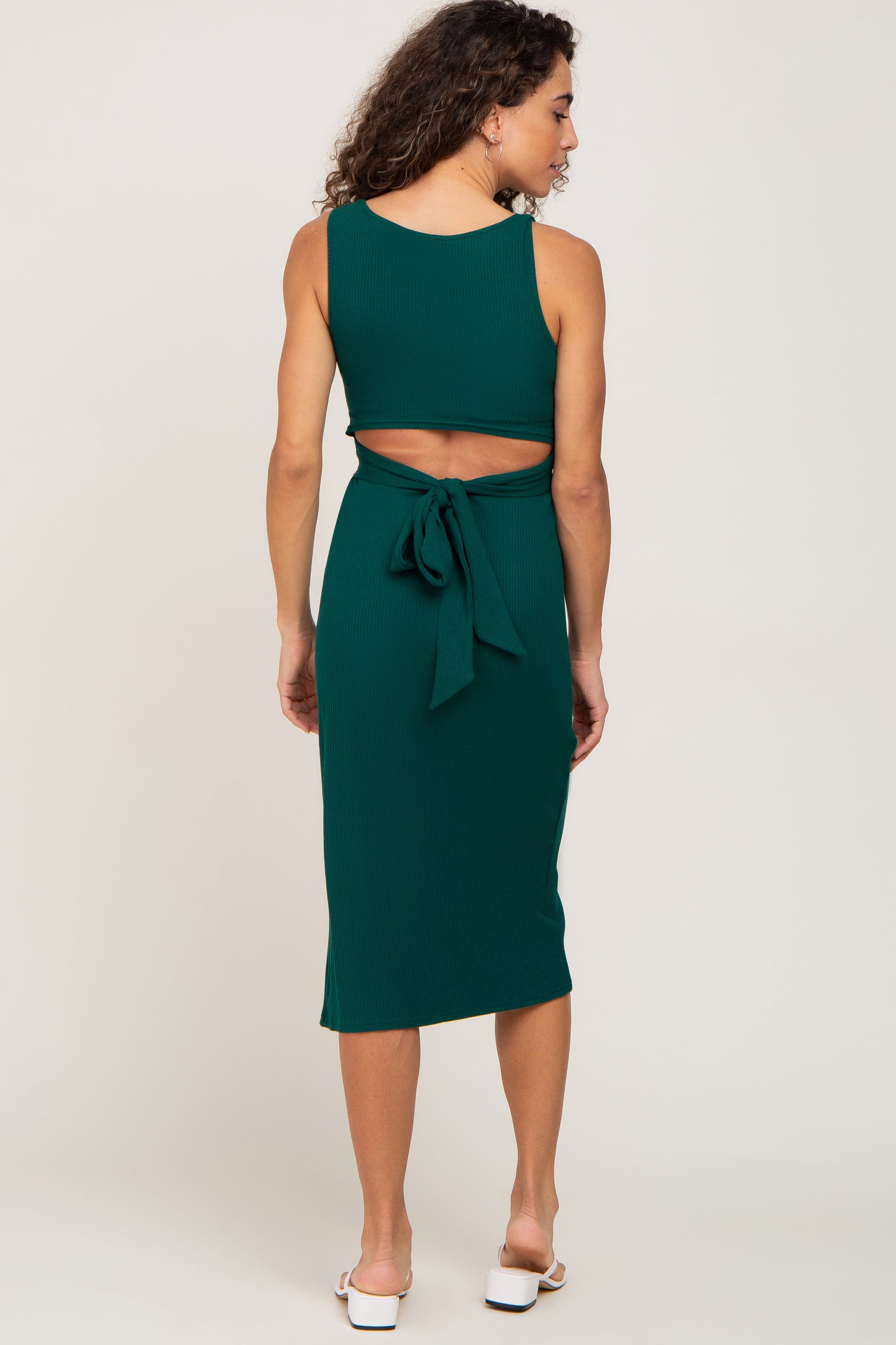Forest Green Ribbed Back Cutout Midi Dress