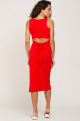 Red Ribbed Back Cutout Midi Dress