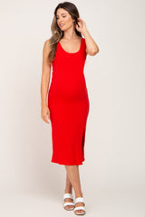 Red Ribbed Back Cutout Maternity Midi Dress