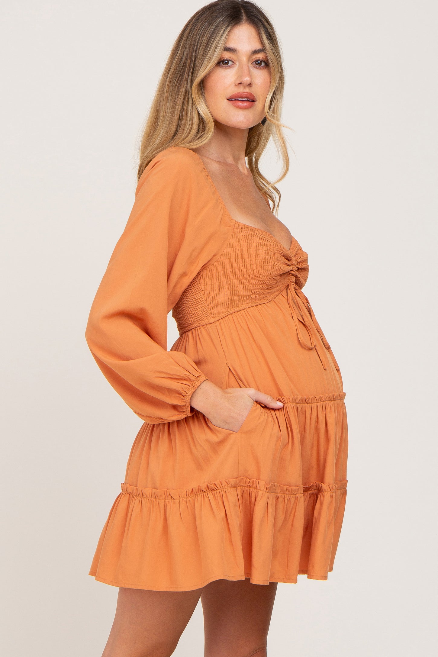 Orange Drawstring Front Smocked Sweetheart Neck Maternity Mini Dress