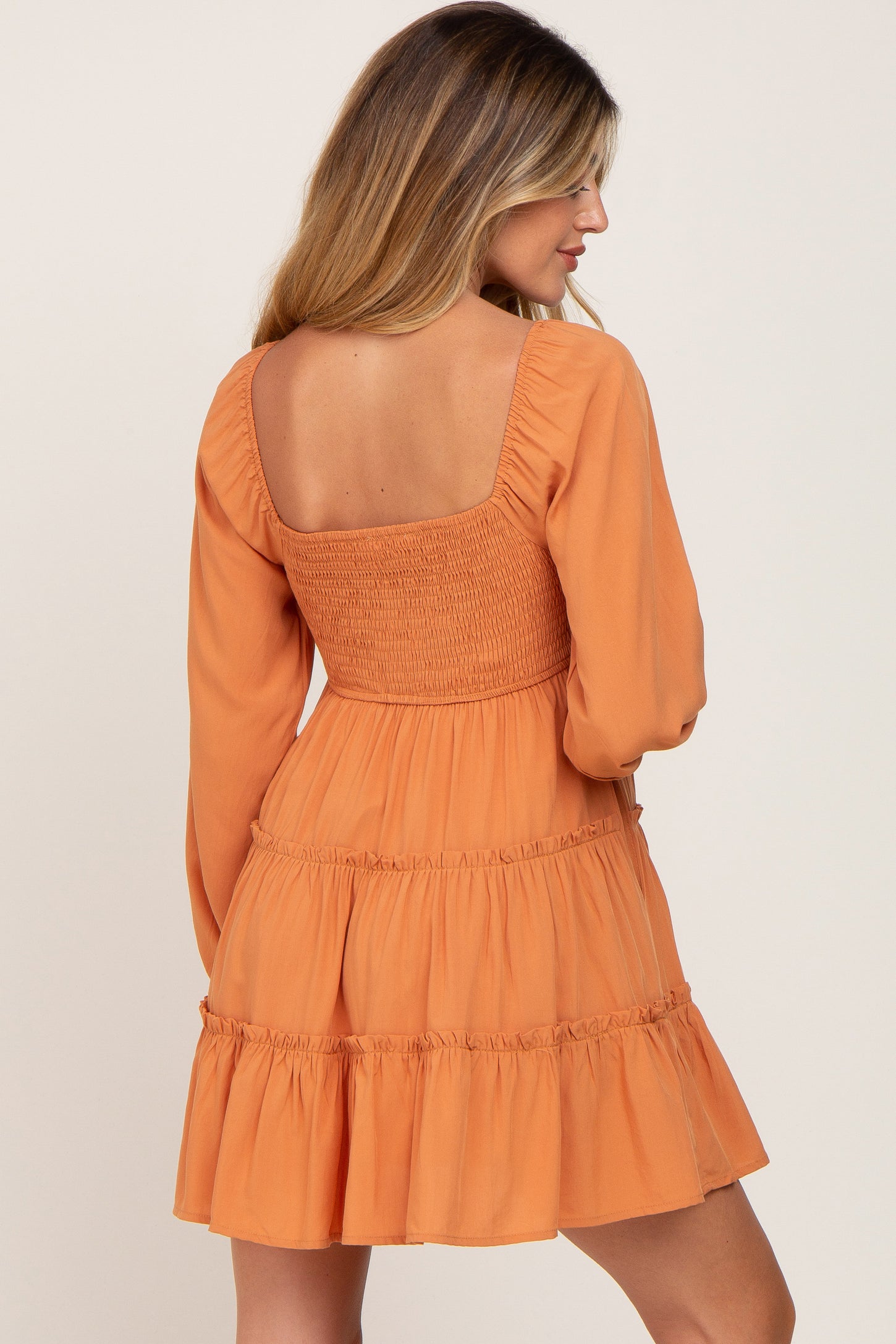 Orange Drawstring Front Smocked Sweetheart Neck Maternity Mini Dress