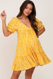 Yellow Floral Ruffle Accent Maternity Mini Dress
