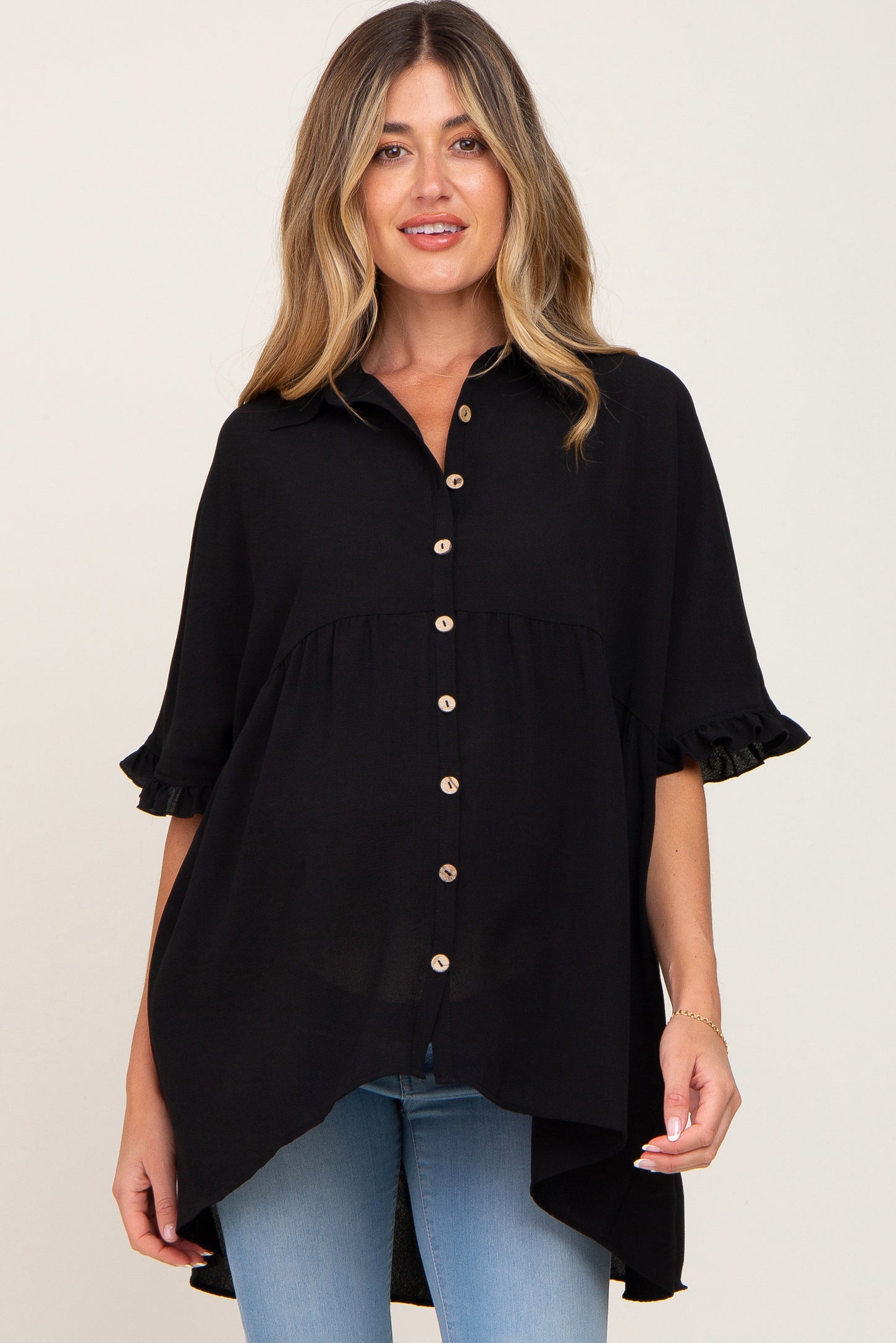 Black Oversized Button Front Ruffle Short Sleeve Hi-Low Maternity Top
