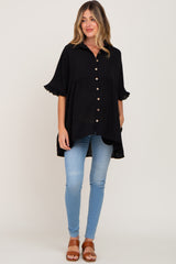Black Oversized Button Front Ruffle Short Sleeve Hi-Low Maternity Top