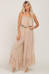 Taupe Floral Sleeveless Wide Leg Jumpsuit
