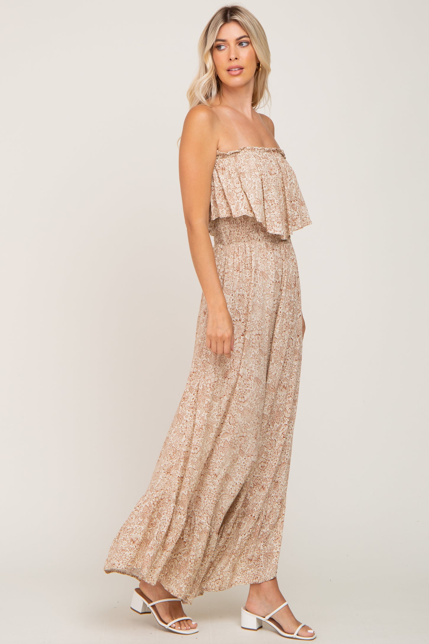 Taupe Floral Sleeveless Wide Leg Jumpsuit