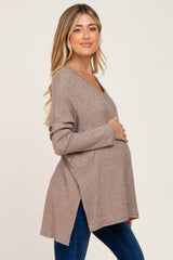 Mocha Ribbed Oversized Hi-Low Maternity Long Sleeve Top