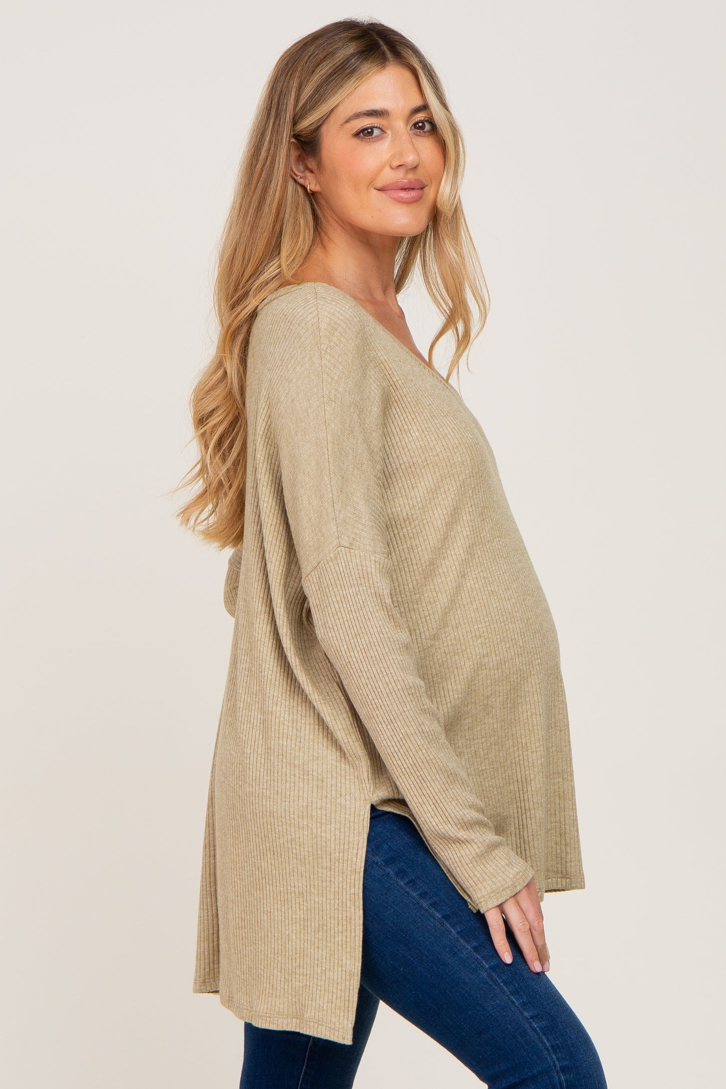 Light Olive Ribbed Oversized Hi-Low Maternity Long Sleeve Top