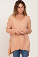 Peach Ribbed Oversized Hi-Low Long Sleeve Top