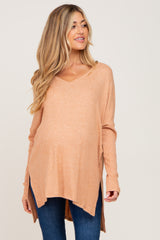 Peach Ribbed Oversized Hi-Low Maternity Long Sleeve Top