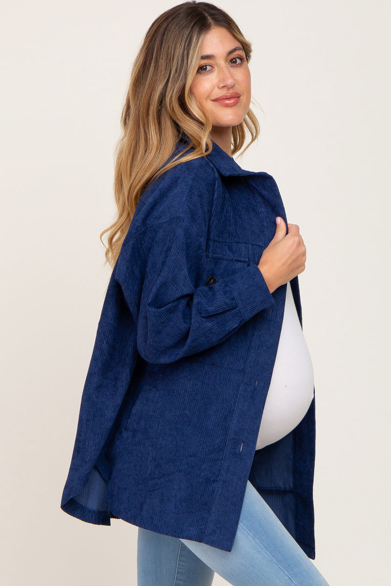 Navy Blue Corduroy Maternity Shirt Jacket PinkBlush