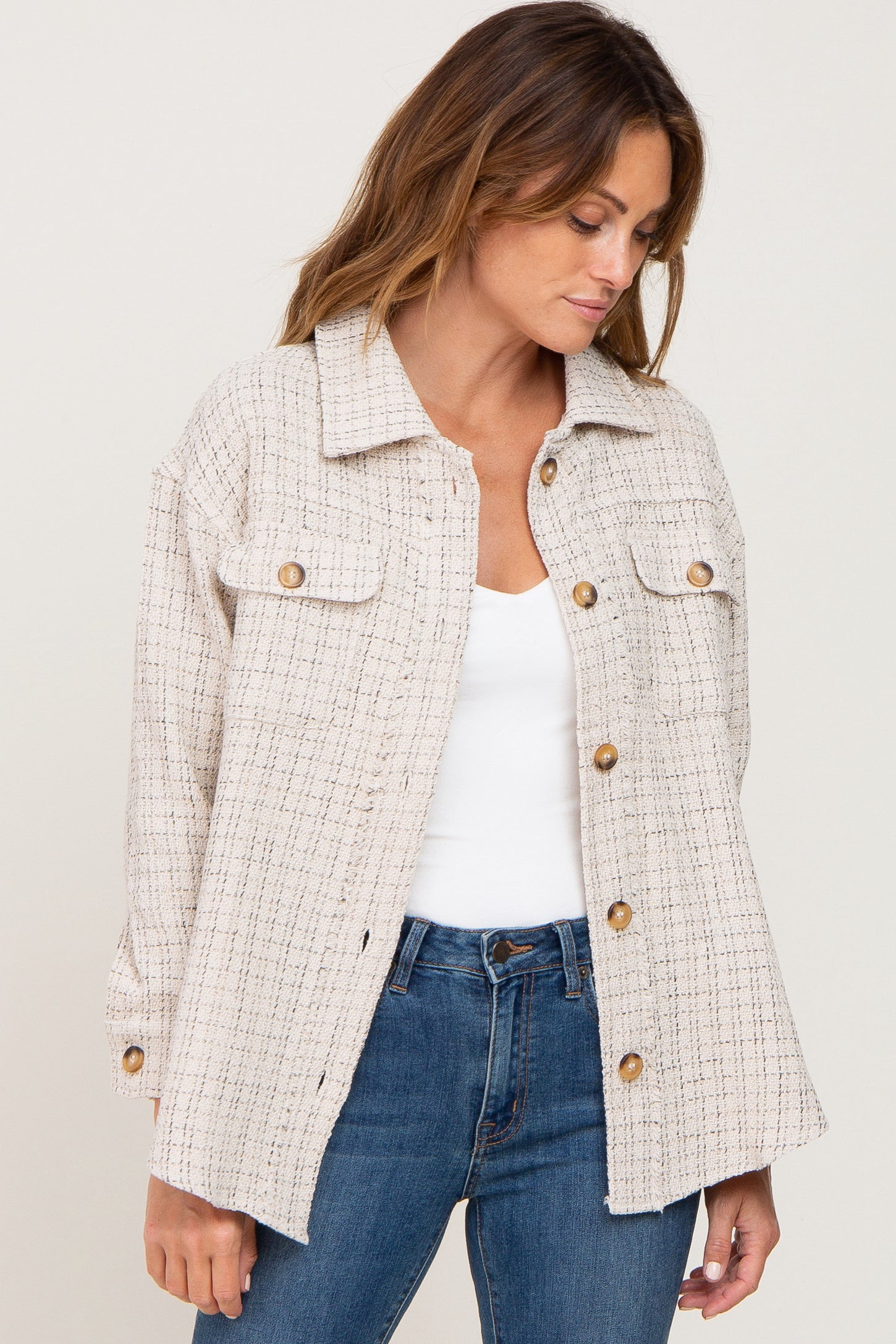 Beige Tweed Front Pocket Maternity Shacket – PinkBlush
