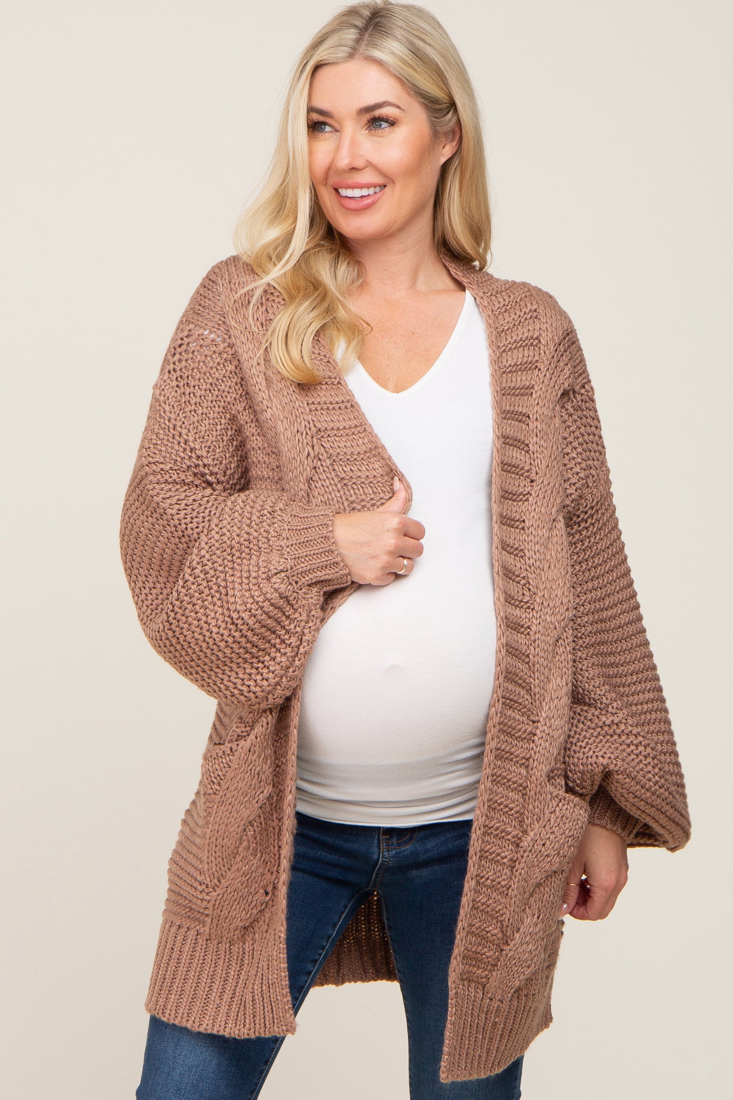 Brown Cable Knit Front Pocket Maternity Cardigan– PinkBlush