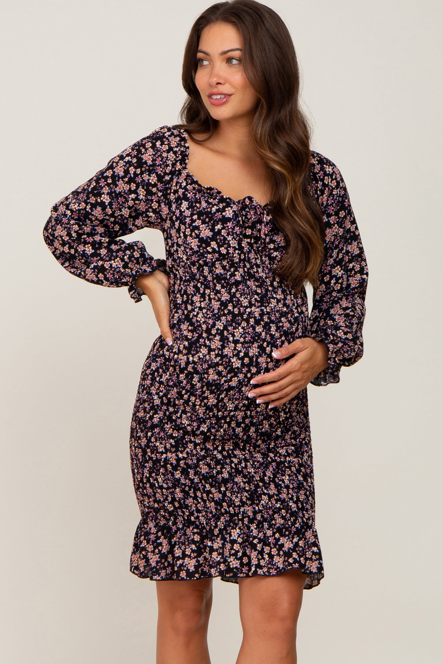 Black Floral Print Long Sleeve Smocked Maternity Dress – PinkBlush