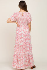 Pink Floral Smocked Tiered Maternity Maxi Dress