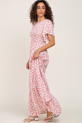 Pink Floral Smocked Tiered Maxi Dress
