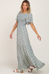 Blue Floral Smocked Tiered Maxi Dress
