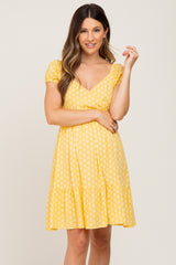 Yellow Floral Wrap Puff Sleeve Maternity Dress