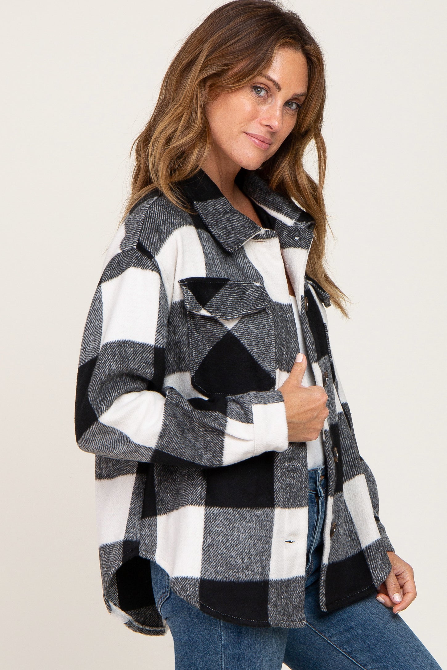 Black Plaid Knit Shirt Jacket PinkBlush