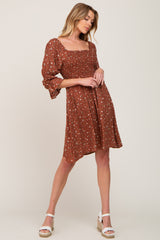 Brown Floral Ruffle Sleeve Smocked Dress