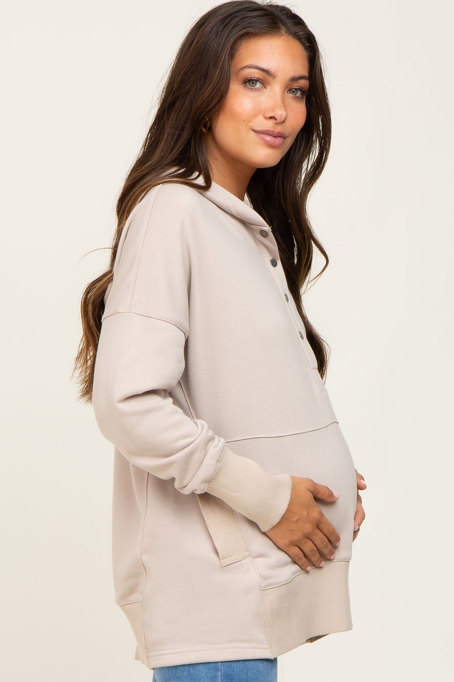 Taupe Snap Front Button Maternity Hoodie