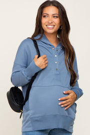 Blue Snap Front Button Maternity Hoodie