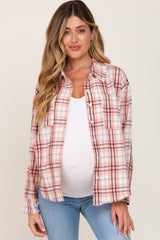 Pink Plaid Frayed Maternity Button Up