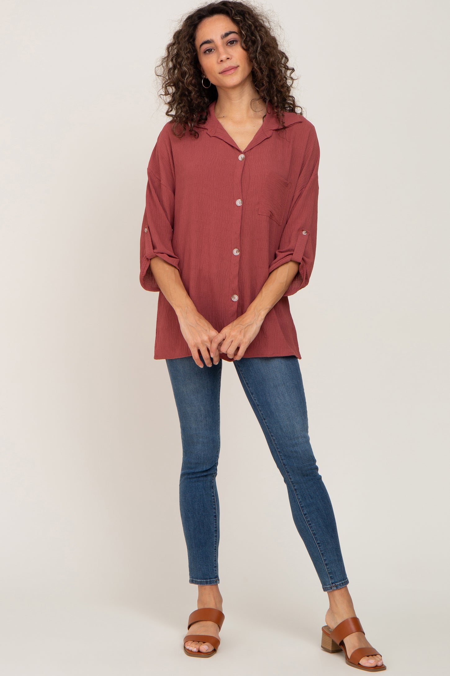 Burgundy Button Front Collared Blouse