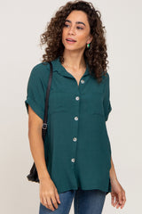 Forest Green Collared Button-Down Short Sleeve Blouse