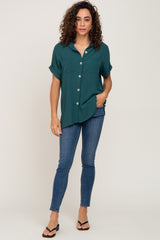 Forest Green Collared Button-Down Short Sleeve Blouse