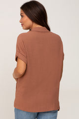 Camel Collared Button-Down Short Sleeve Maternity Blouse