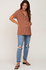 Camel Collared Button-Down Short Sleeve Maternity Blouse
