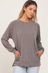 Taupe Hi-Low Side Slit Long Sleeve Maternity Top