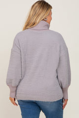 Grey Fuzzy Knit Turtleneck Maternity Plus Sweater