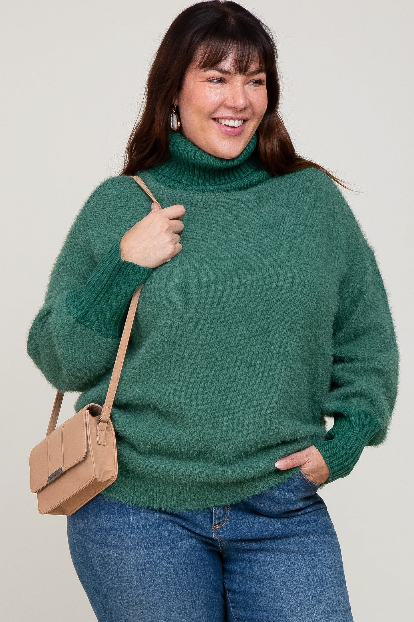 Forest Green Fuzzy Knit Turtleneck Maternity Plus Sweater