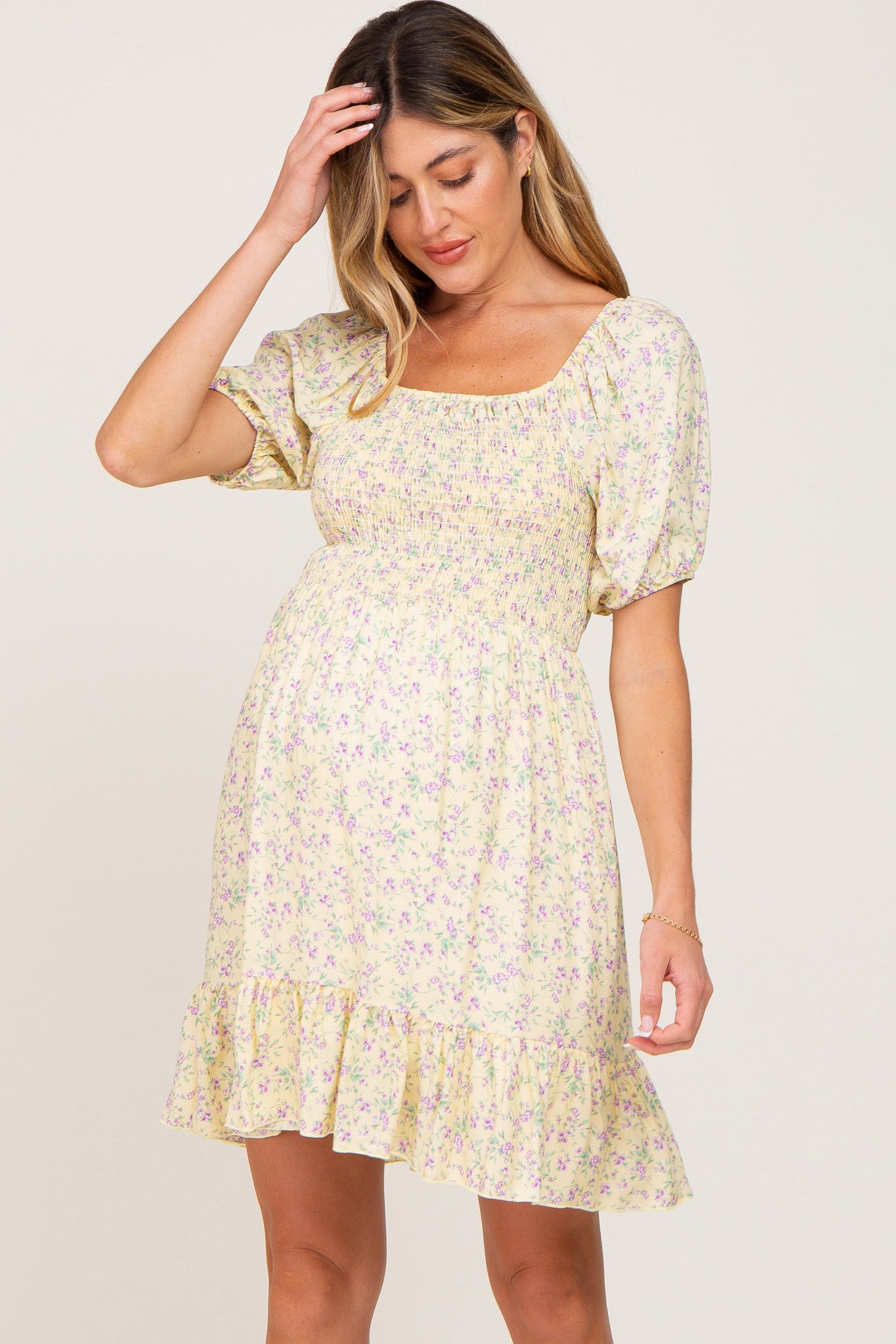 Yellow Floral Smocked Puff Sleeve Maternity Dress
