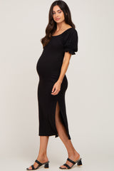 Black Ribbed Puff Sleeve Side Slit Maternity Midi Dress