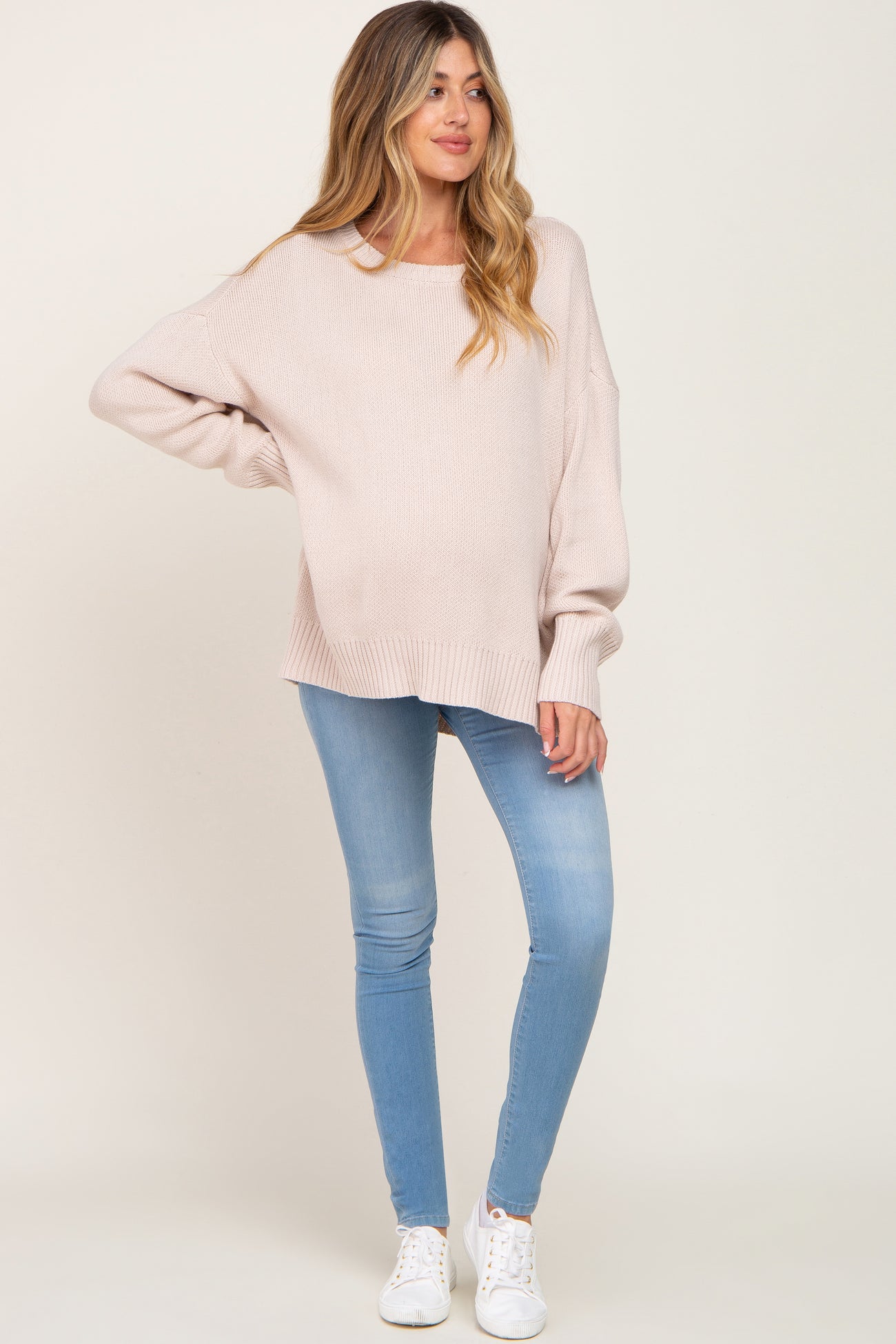 Beige Ribbed Trim Maternity Sweater– PinkBlush