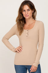 Taupe Ribbed Button Front Long Sleeve Top