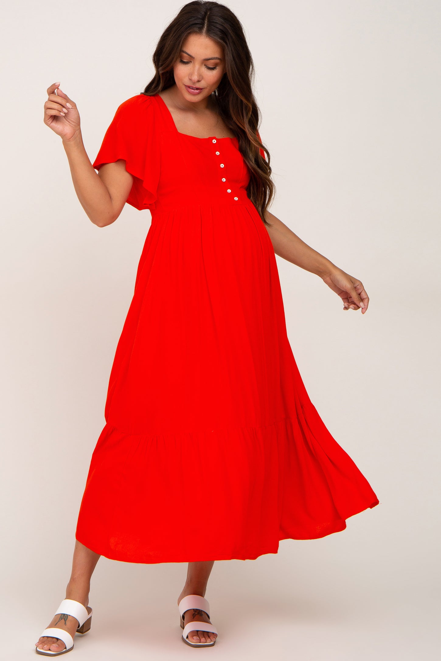 Red Button Front Maternity Midi Dress