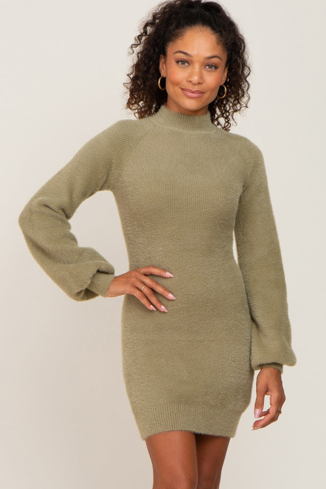 Olive Fuzzy Knit Puff Sleeve Sweater Dress – PinkBlush