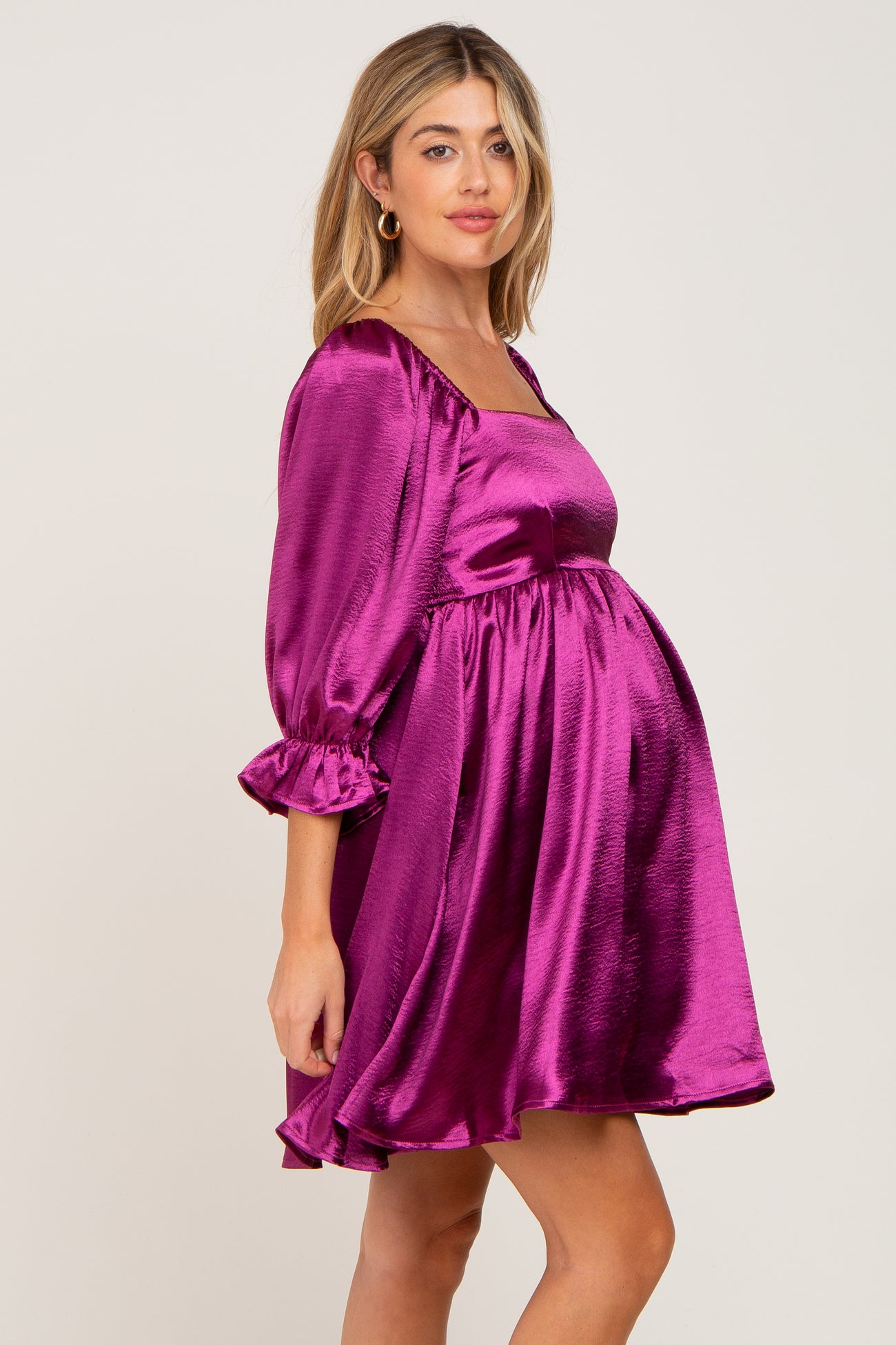 Magenta Satin Square Neck Babydoll Maternity Mini Dress– PinkBlush