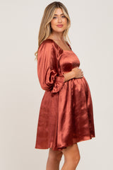 Rust Satin Square Neck Babydoll Maternity Mini Dress