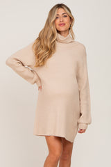 Beige Turtleneck Maternity Sweater Dress