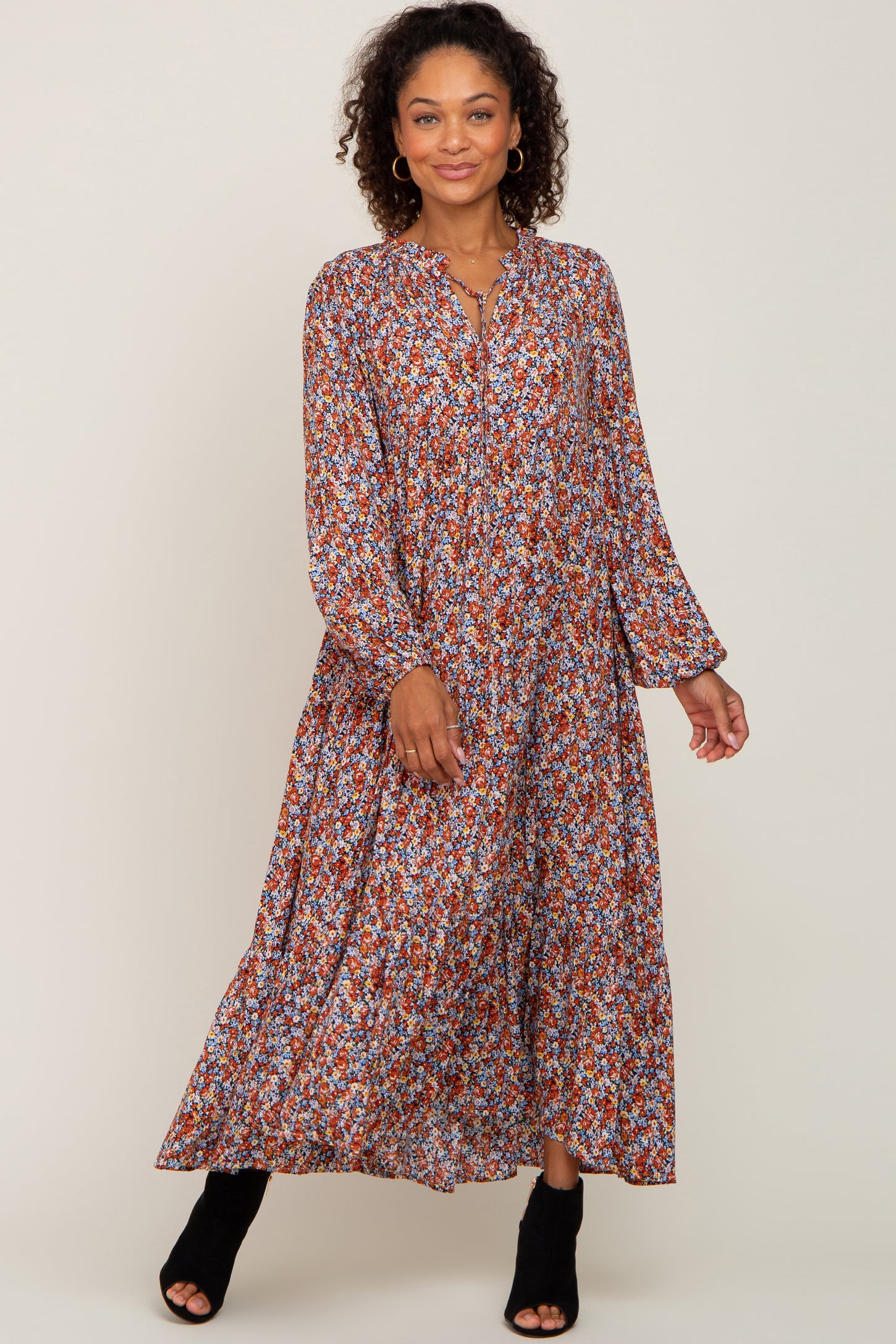 Rust Floral Tiered Long Sleeve Maternity Dress– PinkBlush