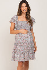 Light Blue Floral Smocked Tiered Maternity Dress